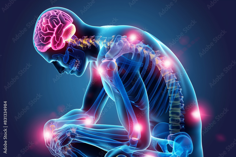 3D illustration of human skeleton with highlighted pain points and ...