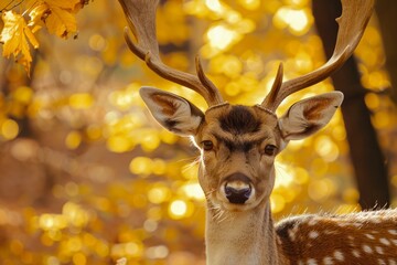 Sticker - Serene deer with impressive antlers stands amid a glowing autumn forest