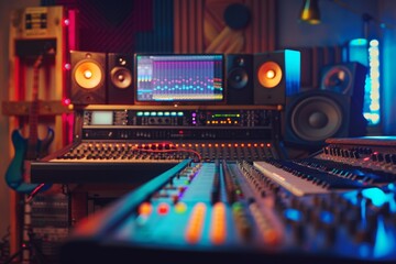 Aufkleber - A recording studio buzzing with creativity and passion, filled with an array of professional sound equipment being used to create new and innovative music. Generative AI