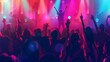 © olga_demina - Energetic concert crowd with arms raised and colorful lights creating an electric atmosphere. Celebrating live music and the joy of community at a vibrant festival.