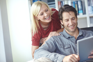 Poster - Smile, couple and home sofa with tablet or relaxing online, people happy and internet browse together on social media. Web, scrolling and relationship bonding, networking and communication apartment