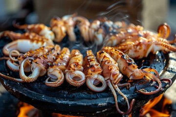 Sticker - Closeup of delicious squid cooking on a smoky, flaming grill