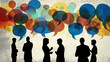 © DilSpace - Illustration of a group of people in silhouetted style engaged in conversation, vibrant color-talking bubbles over them. For communication concepts.