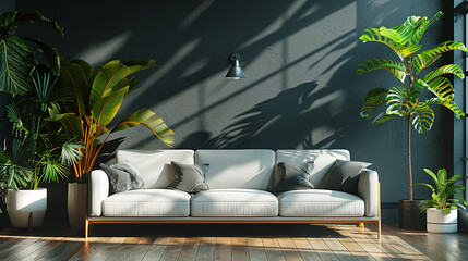 Wall Mural - Comfortable lounge area with sofa set against a stylish, dark wall.