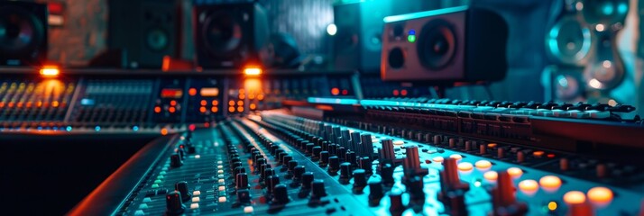 Poster - A mixing desk filled with countless knobs and lights, a hub of creativity in a recording studio buzzing with energy and potential. Generative AI