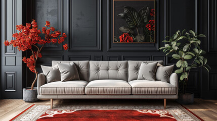 Wall Mural - Contemporary living space featuring a sofa against a stylish dark wall.