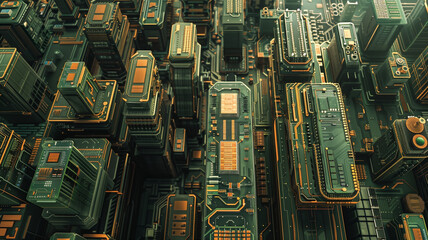 A top down, birdseye view of a city skyline with buildings made from circuit boards, microchips and processors. Smart Connected Cities. Macrophotography, aerial view