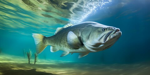 Underwater image of a Largemouth bass hunting for prey in its habitat. Concept Underwater Photography, Largemouth Bass, Hunting Prey, Habitat, Wildlife