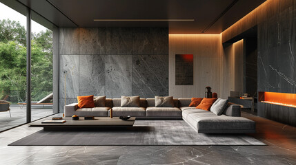 Wall Mural - Modern living space with sofa against a sleek, dark-colored backdrop.