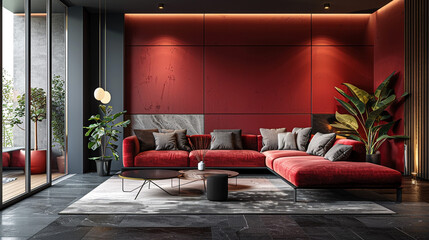 Wall Mural - Modern living space, sofa against a sleek, dark-hued wall.