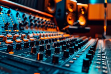 Aufkleber - A detailed view of a sound mixing console with multiple sliders, knobs, and buttons for adjusting audio levels and effects. Generative AI