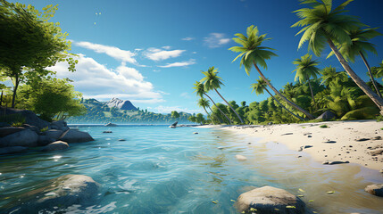 Wall Mural - This is a beach scene. There are palm trees, white sand, and blue water. In the background, there is a large mountain covered with snow.

