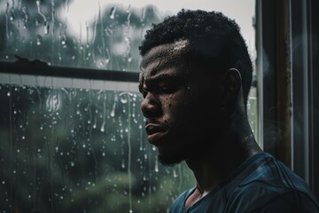 Poster - Young man deep in thought as raindrops streak down the window beside him