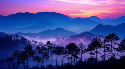 Wall Mural - majestic mountainscape at dawn silhouetted trees and cascading fog in vibrant sunrise hues landscape photography