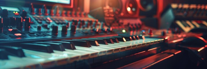 Aufkleber - A detailed view of a keyboard in a recording studio, with the keys intricately designed and ready to create beautiful melodies. Generative AI