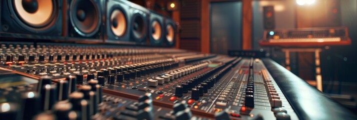 Poster - A professional sound mixing console is adjusted by a skilled audio engineer in a recording studio, creating a harmonious blend of musical elements. Generative AI