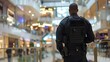 © MheeP - A security guard in a black uniform stands alert at the entrance of a bustling shopping mall.