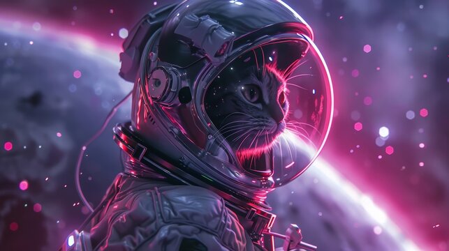 CG 3D rendering of an adventurous cat cosmonaut on a discovery mission