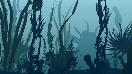 Mystical kelp forest flat design side view, eco-fantasy, animation, monochromatic color scheme
