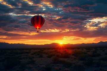 Sticker - Peaceful hot air balloon floats in a vibrant sunset sky over a serene desert landscape