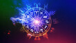 © rawintanpin - Concept of astrology and horoscope, person inside a zodiac sign wheel, Astrological zodiac signs inside of horoscope circle, Astrology, knowledge of stars in the sky, power of the universe concept.