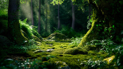 Trees in a forest with mossy ground and vines. A forest during a heavy rain in backlight