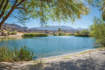 Poster - Tranquil blue lake surrounded by lush greenery and scenic desert mountains on a sunny day