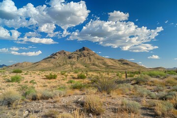 Poster - Expansive view of a desert mountain peak with lush desert flora under a cloudfilled sky