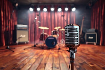 Leinwandbilder - A microphone on a stand poised on a stage, awaiting the next performance to fill the air with soul-stirring melodies and captivating lyrics. Generative AI