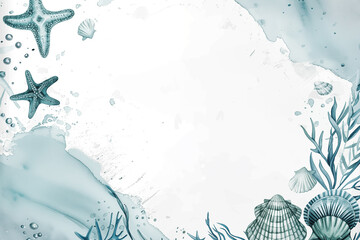 Wall Mural - Monochrome seashells and starfish border. Marine life frame with coral and shells