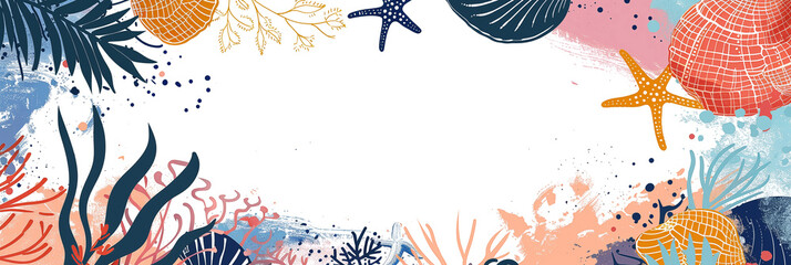 Wall Mural - Vibrant coral and seashell frame banner with starfish and seaweed, white background. Panoramic web header. Wide screen wallpaper with copy space