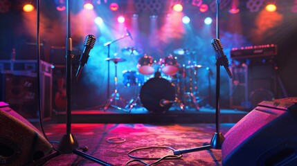 Leinwandbilder - Vibrant stage set with various microphones and colorful lights in the backdrop. Generative AI