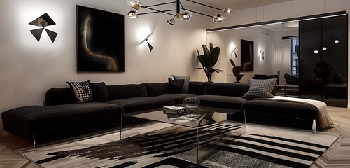 chic minimalist living room with a sleek black sectional