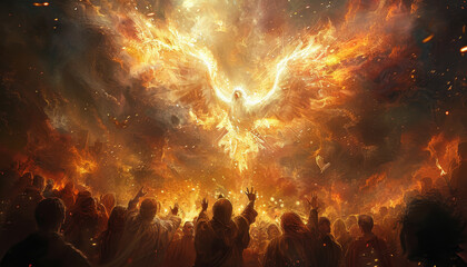 Sticker - A painting of a large golden bird with flames surrounding it by AI generated image