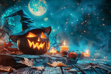 Wall Mural - Halloween pumpkin with witch hat and candles on wooden table