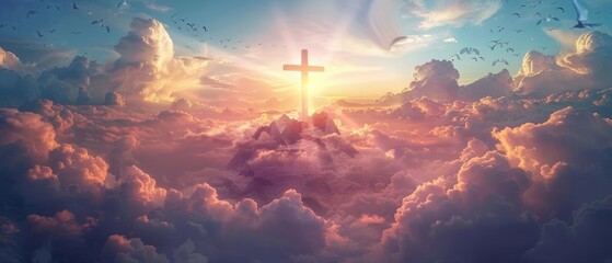 Long shot photo of a sacred cross rising above heavenly clouds