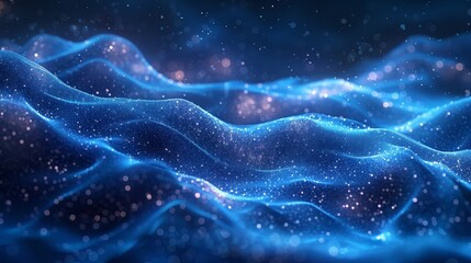 Wall Mural - Abstract digital wave with glittering particles in a blue, glowing background, representing data, technology, and futuristic concepts.