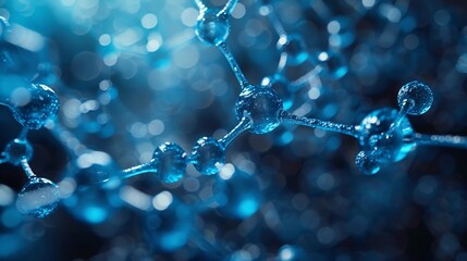 Close-up of interconnected blue molecules on a glowing background, representing scientific and technological innovation in nanotechnology.