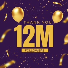Poster - Thank You friends and fans for 12 Million Followers banner design with golden confetti and gold balloons and purple background