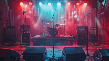Leinwandbilder - A stage illuminated by a plethora of vibrant lights, creating a dazzling display for a musical performance with instruments and microphones. Generative AI