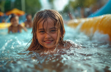 A young girl is smiling and splashing in a pool. Scene is happy and playful