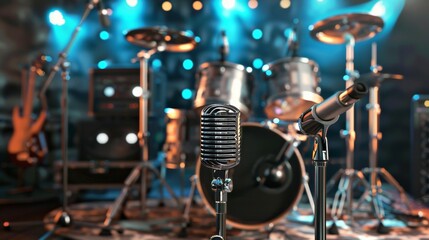 Aufkleber - A microphone and drums stand on a stage, ready for a dynamic performance under the spotlight. Generative AI