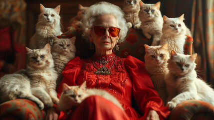 Old lady wearing red dress sitting in chair with her cats around.