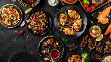 Top view of Asian food table with various dishes on black background