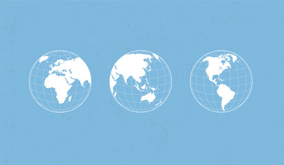 World globe maps set. Europe, Asia, America globe map. Earth globe icons. Vector illustration.