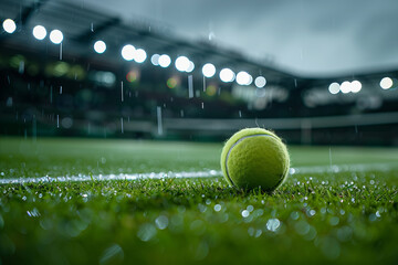 Sticker - A tennis ball on a grass tennis court during a heavy rain storm