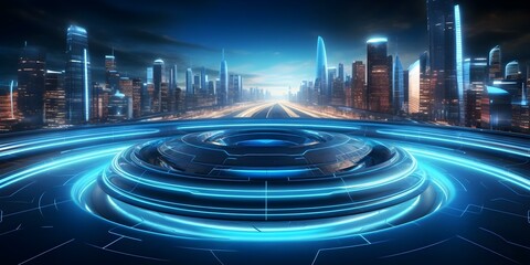 Wall Mural - Traffic management systems control futuristic vehicles on glowing elevated highways in 32k resolution. Concept Futuristic Technology, Traffic Control Systems, Glowing Highways, Advanced Vehicles