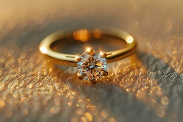 Poster - Luxurious diamond engagement ring on a shimmering golden fabric background