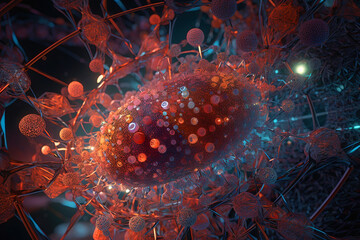 Poster - Abstract scientific concept with connected cells and particles. Science microscopic background.