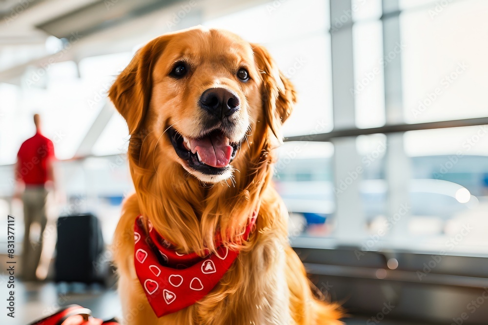 A happy golden retriever with a red bandana waits cheerfully at an ...